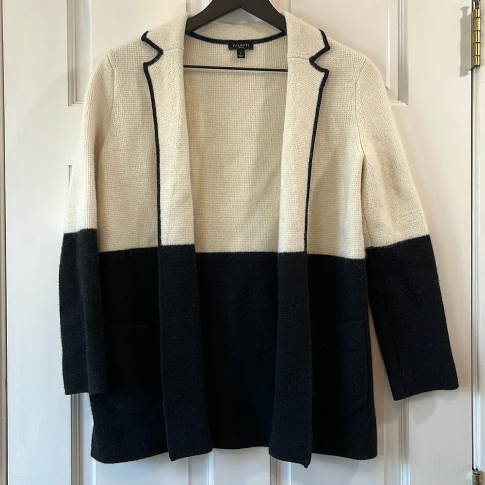 Talbots Creme & Black Color Block Knit Casual Cardigan Blazer - Size Small